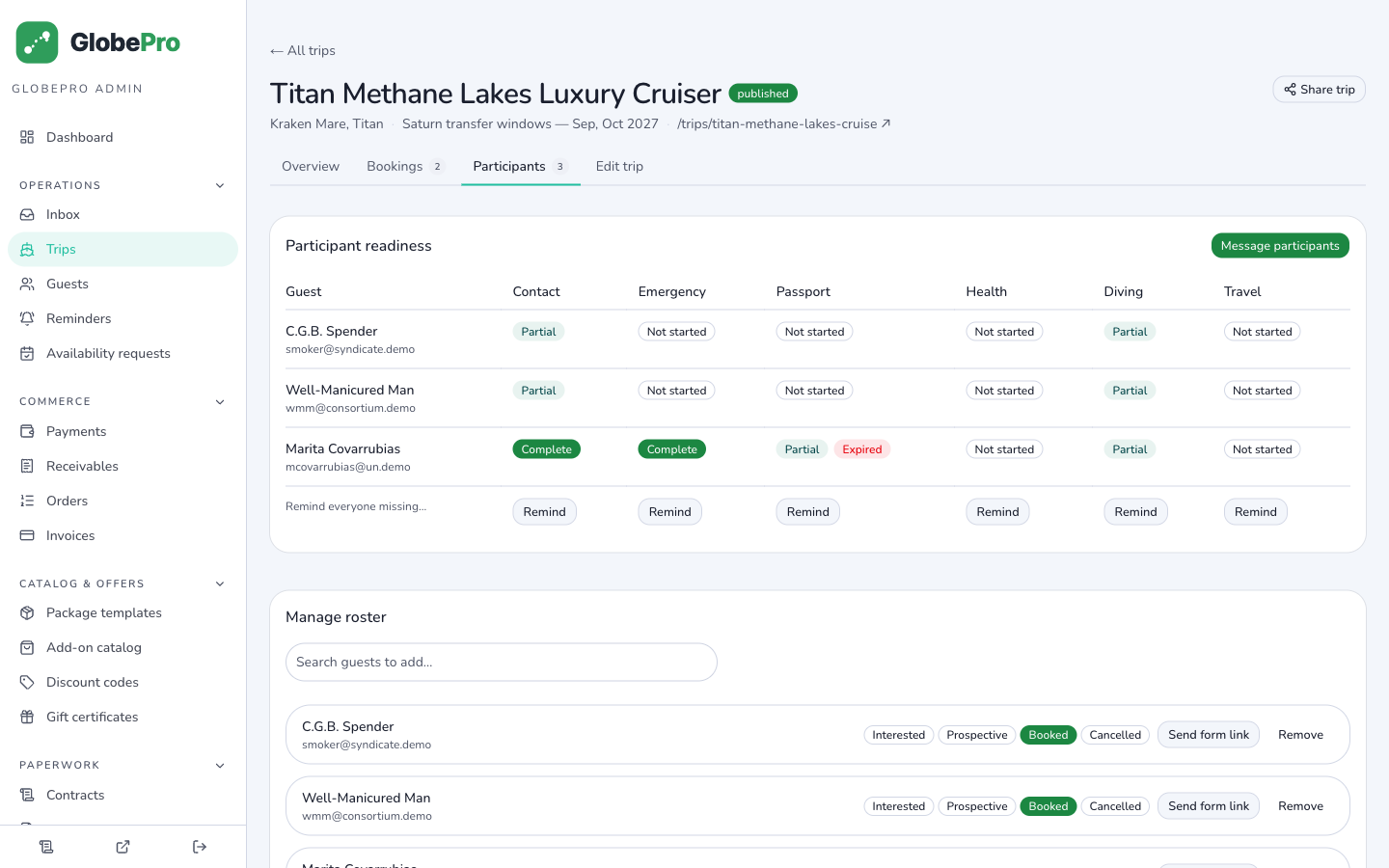 Calendar & roster in the GLOBEpro admin