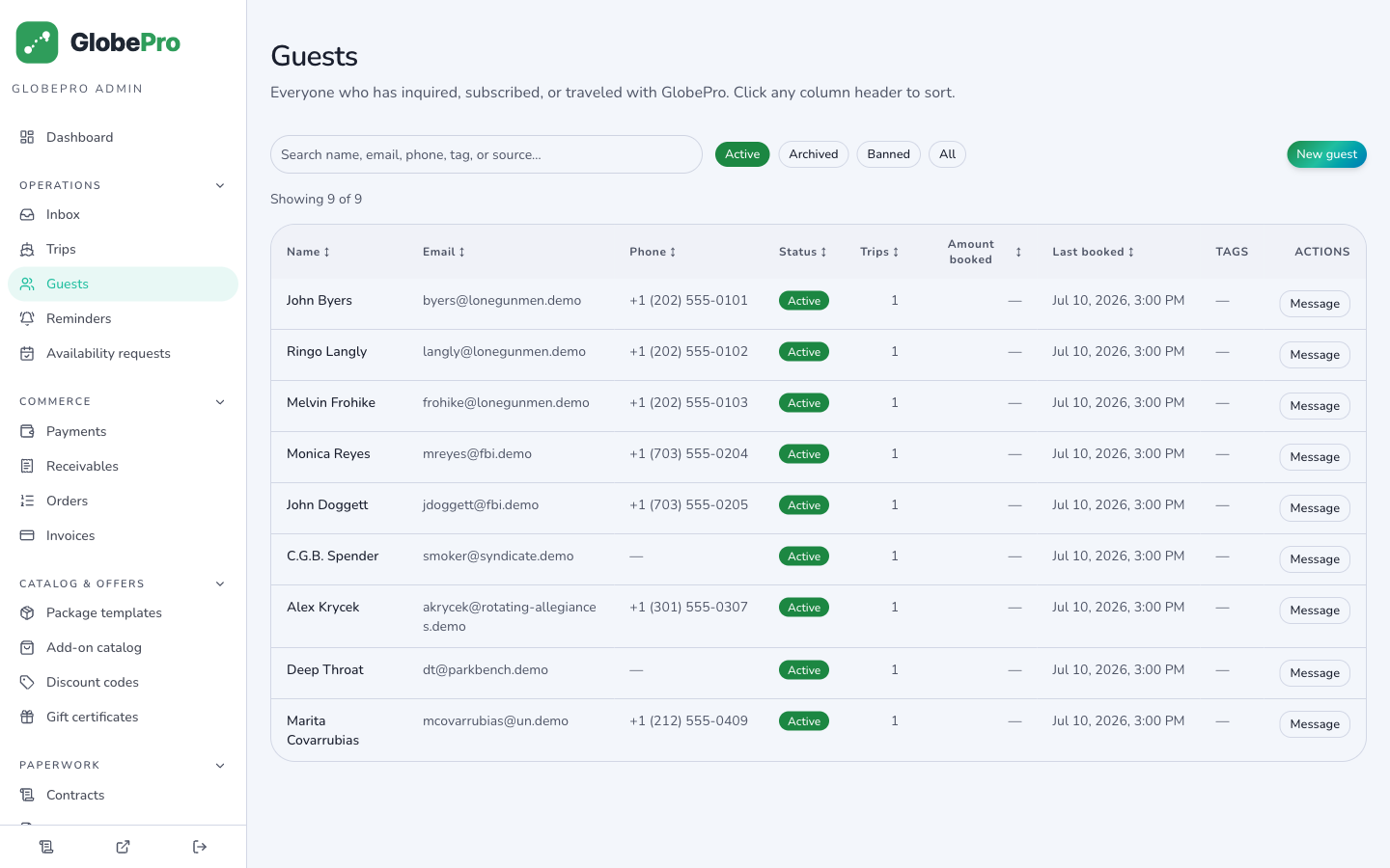Guest CRM for travel in the GLOBEpro admin