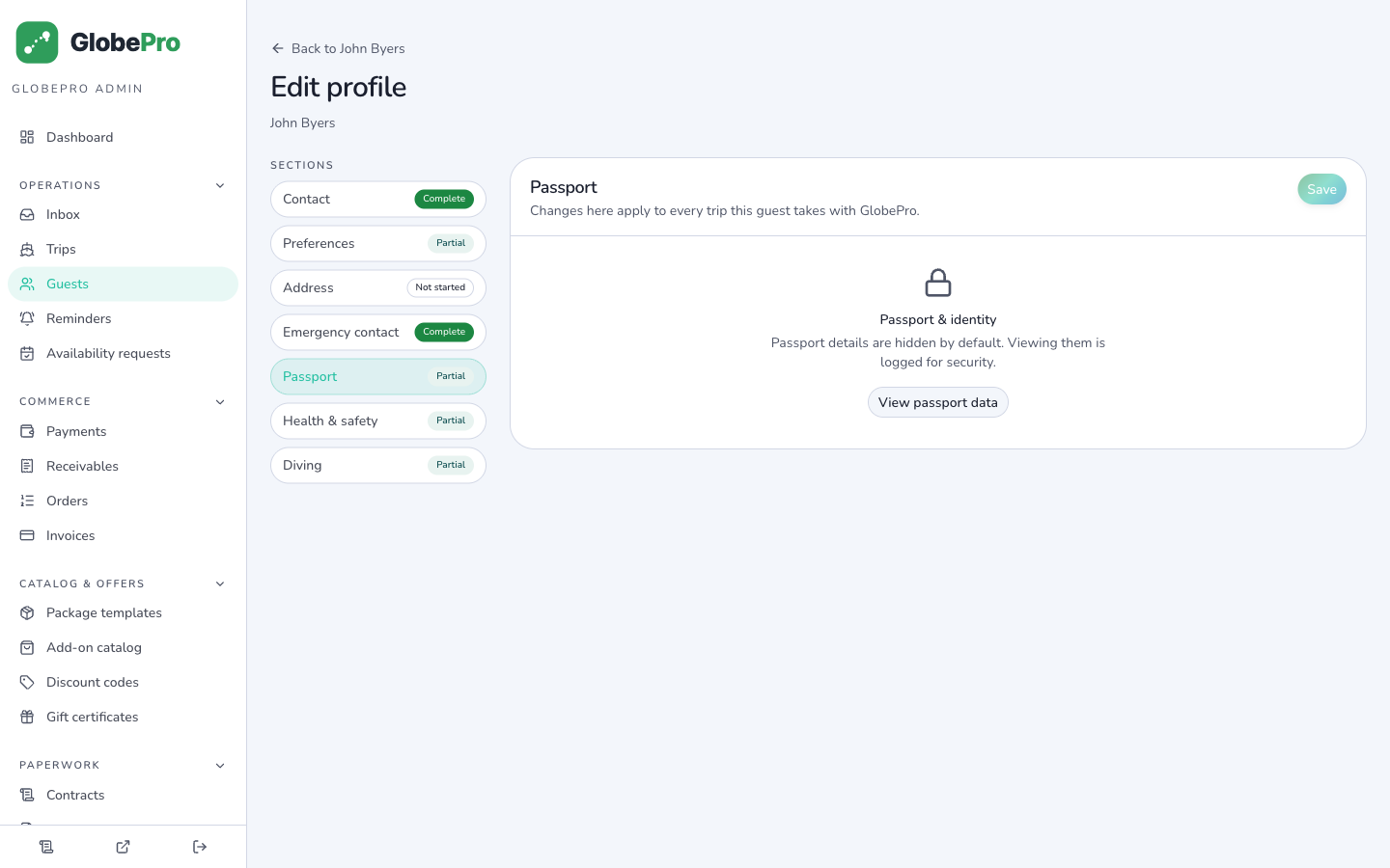 Passport & PII controls in the GLOBEpro admin