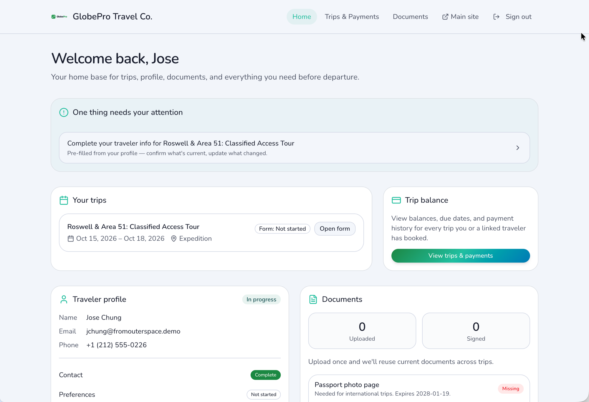 Traveler portal home: trips, profile, documents, and balance in one secure link